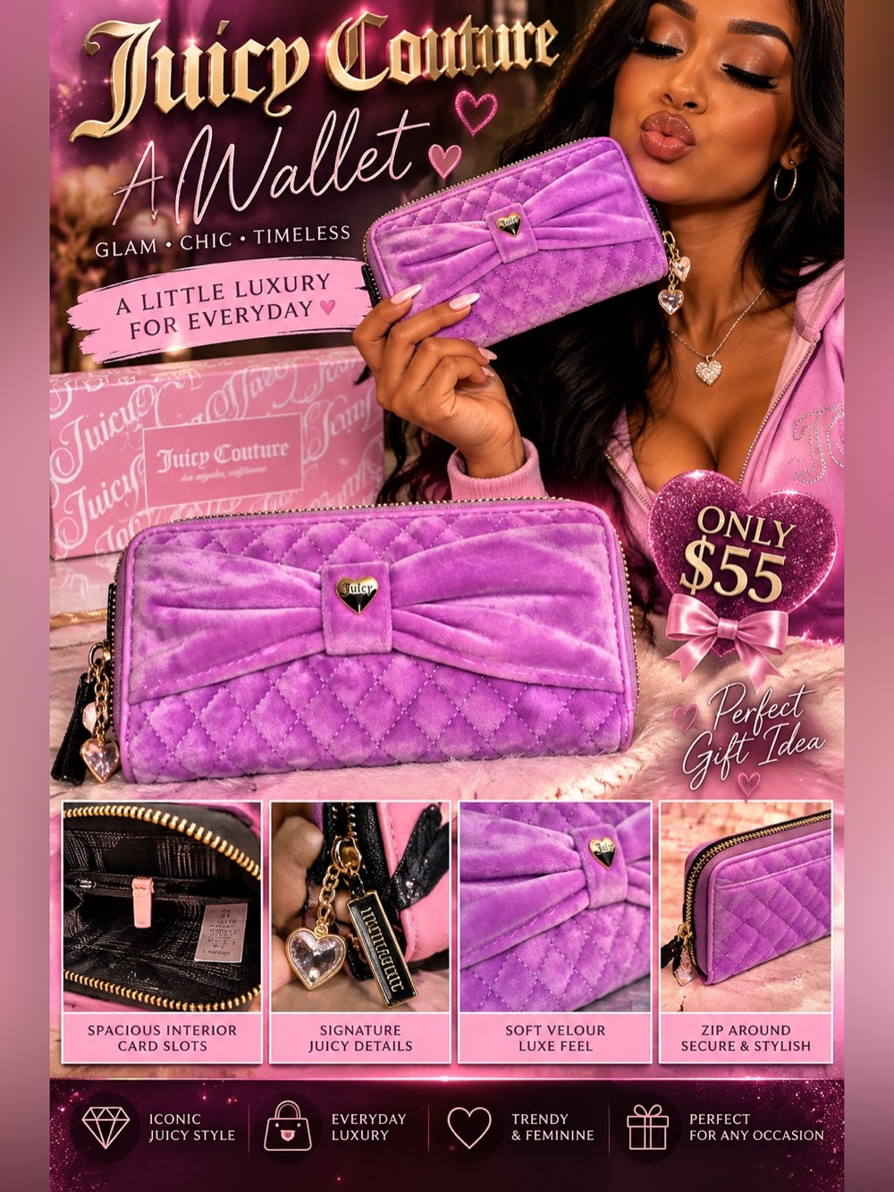 Juicy Couture Quilted Purple Velvet Zip-Around Wallet with Bow Detail (N)